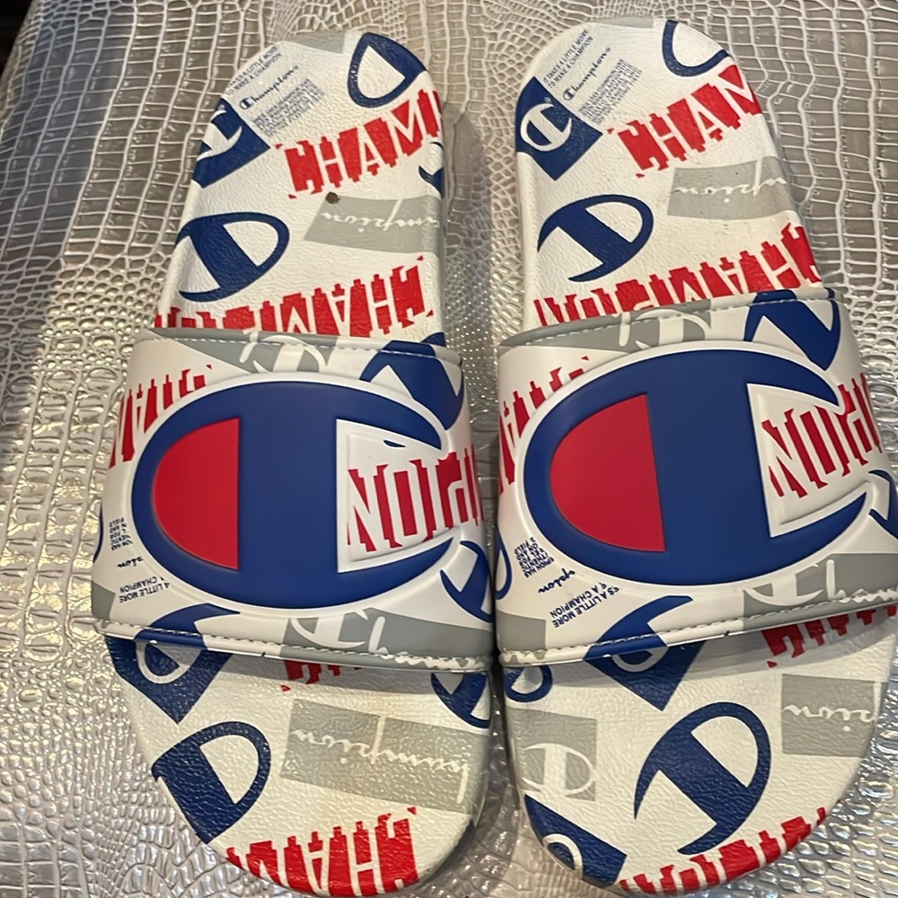 Champion White Slides with Red and Blue Logo Print - Picture 4 of 4
